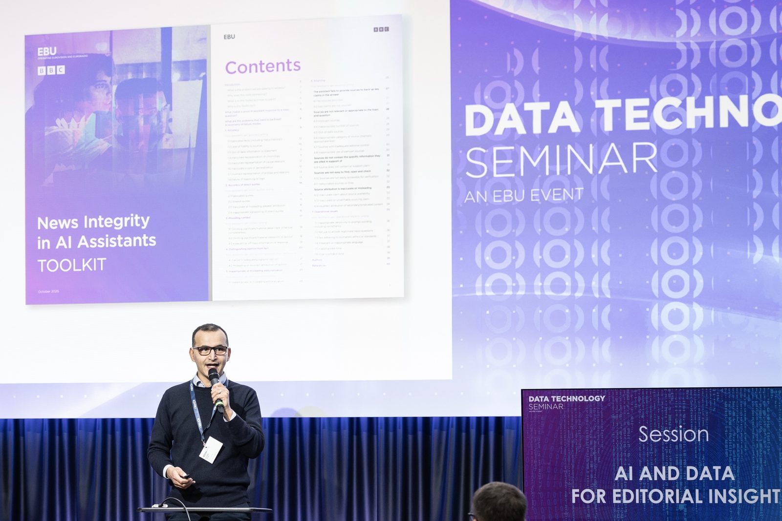 Hicham Yezza presenting the BBC/EBU News Integrity in AI Assistants Toolkit at the EBU Data Technology Seminar